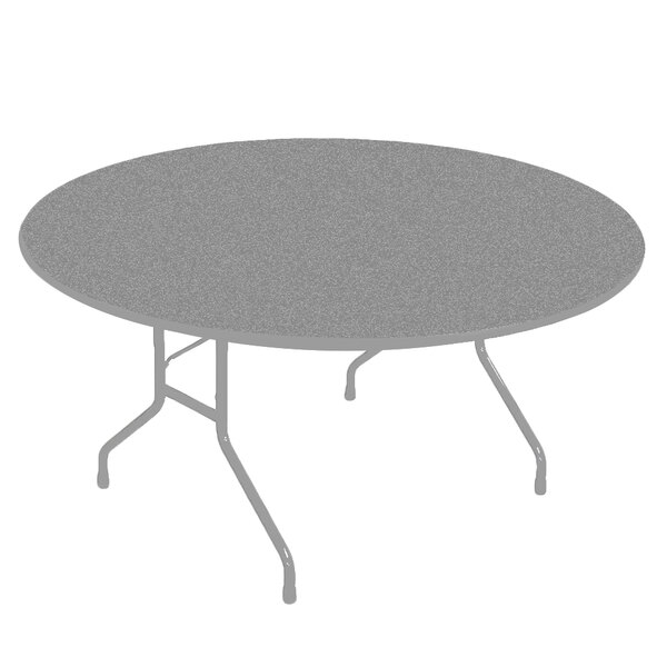 A Correll 48" round gray granite folding table with metal legs.