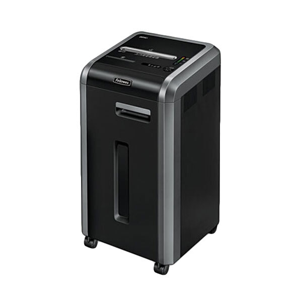 A black and silver Fellowes Powershred 225Ci shredder.