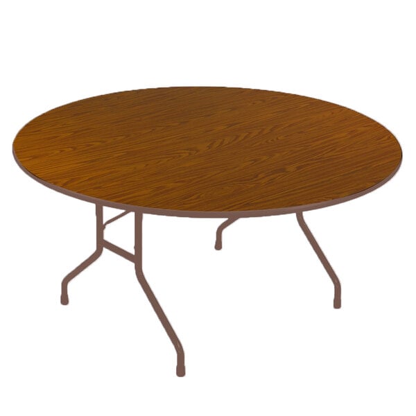 A Correll round wood folding table with metal legs.