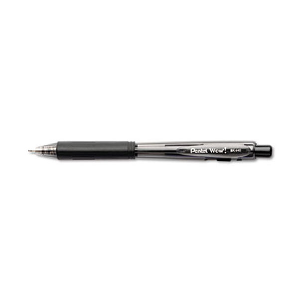 The black barrel of a Pentel WOW! black ballpoint pen with a silver tip.