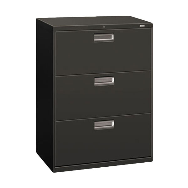 A black HON 3-drawer lateral filing cabinet.