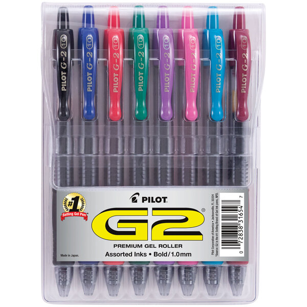 A package of eight Pilot G2 gel pens in a plastic container.