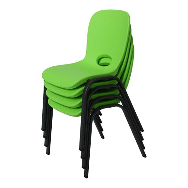 A stack of green Lifetime children's chairs with black legs.