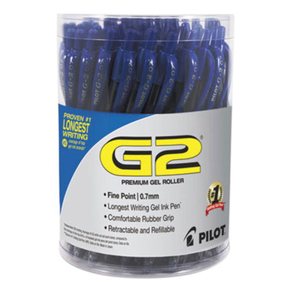 A plastic container of Pilot G2 blue gel pens.