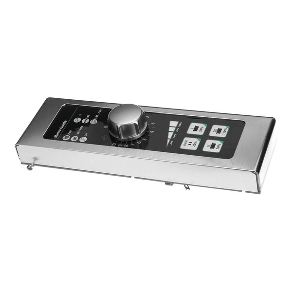 A silver rectangular electronic control assembly with buttons and a dial.