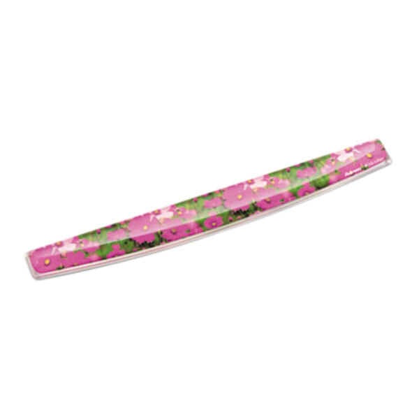 A pink and green floral Fellowes gel keyboard wrist rest.