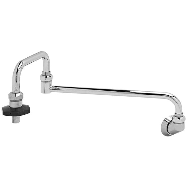 A T&S chrome wall mounted pot filler with a black handle.