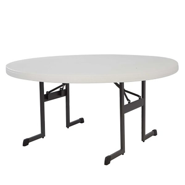 A round white Lifetime professional-grade plastic folding table with black legs.