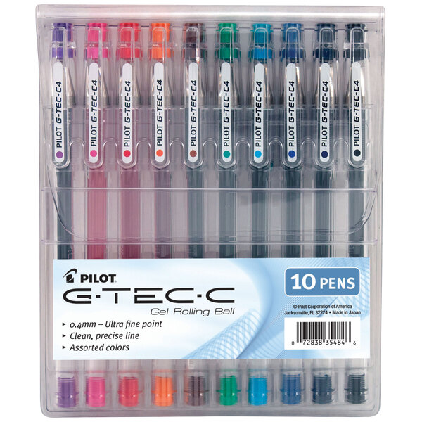 A clear plastic case holding 10 Pilot G-TEC-C Ultra assorted gel ink pens.