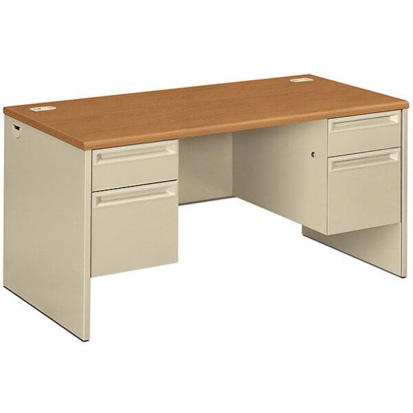 HON 38155CL 38000 Series 60" x 30" x 29 1/2" Harvest/Putty Metal 3/4 Height Double Pedestal Desk
