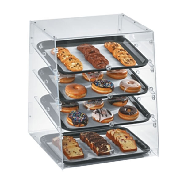 A Vollrath bakery display case with four trays of donuts.