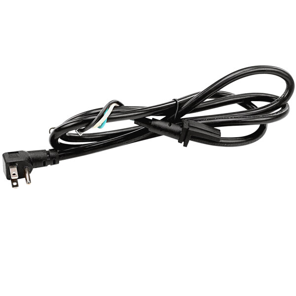 A black electrical cord with a white background.