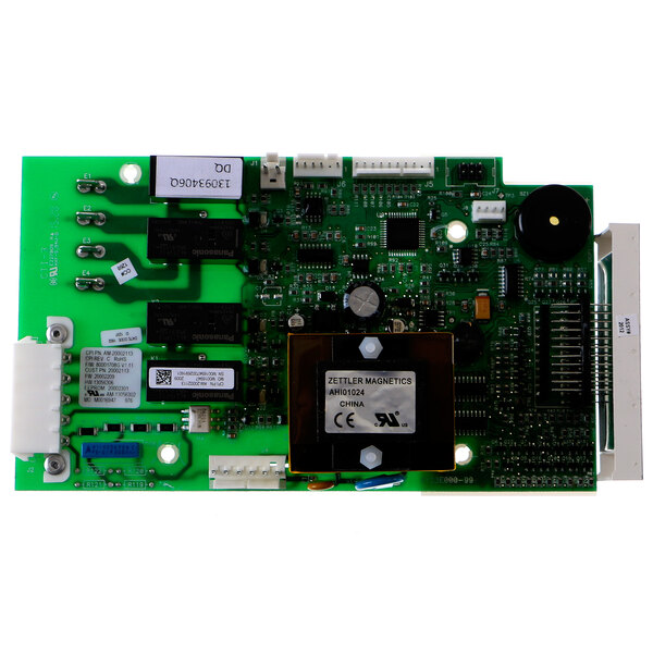 A green Amana circuit board with white labels.