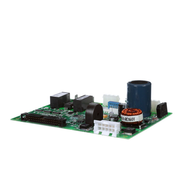 The main control board for an Amana commercial microwave with a green circuit board and many components.