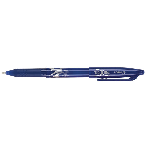 A Pilot FriXion Ball blue pen with a blue barrel and silver logo.