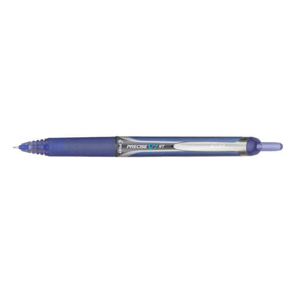 A Pilot Precise V7RT blue pen with a silver tip and blue barrel.