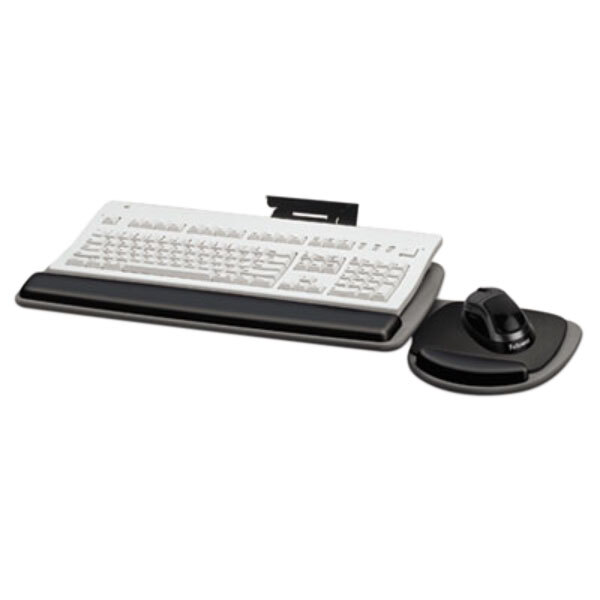 A white keyboard with a black frame and a black mouse on a stand.