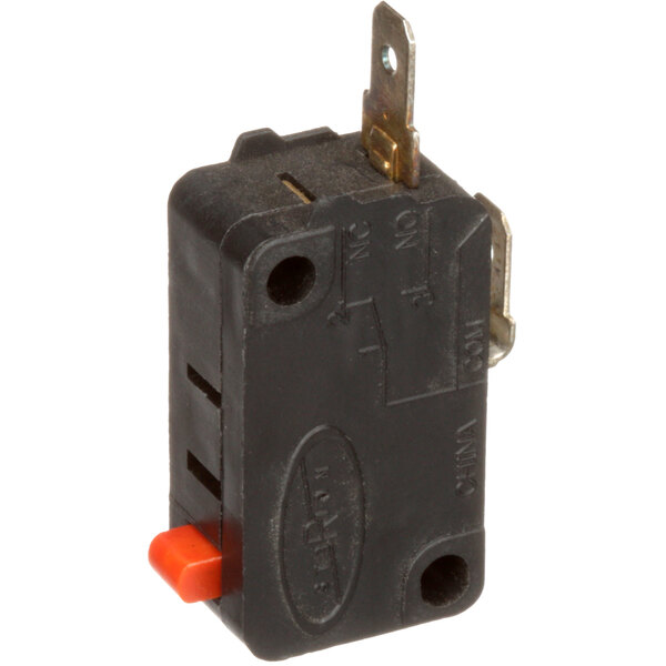 A black miniature switch with an orange button.