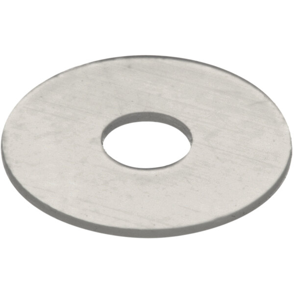 A stainless steel round washer with a hole in it.