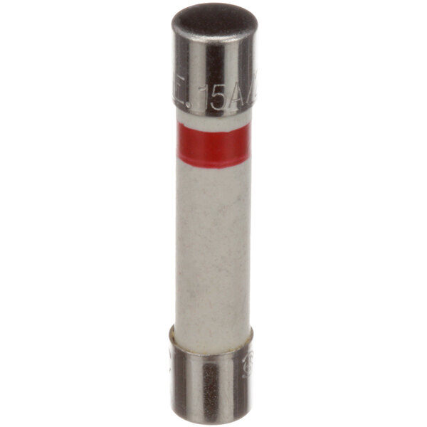 A close up of a red and white Amana fuse with a silver cap.