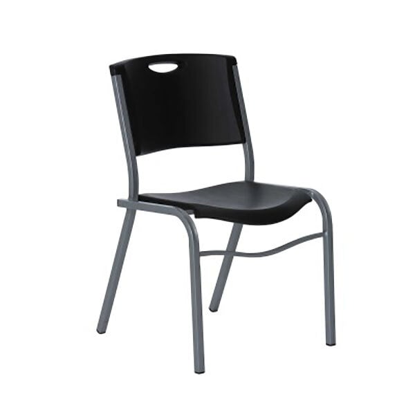 A close up of a black Lifetime commercial stacking chair with metal legs.