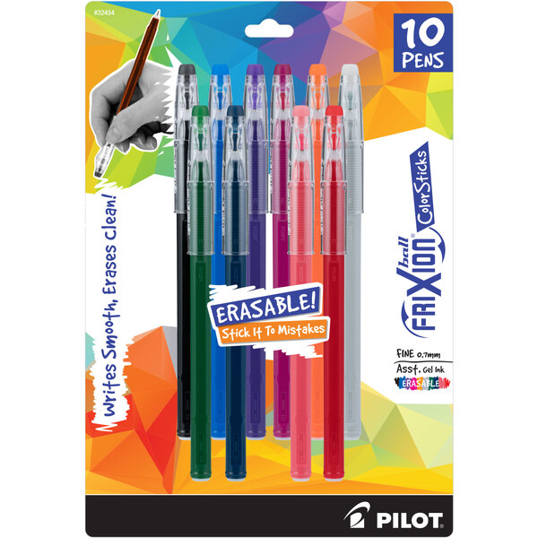 A package of 10 Pilot FriXion ColorSticks erasable gel pens with assorted ink and barrel colors.