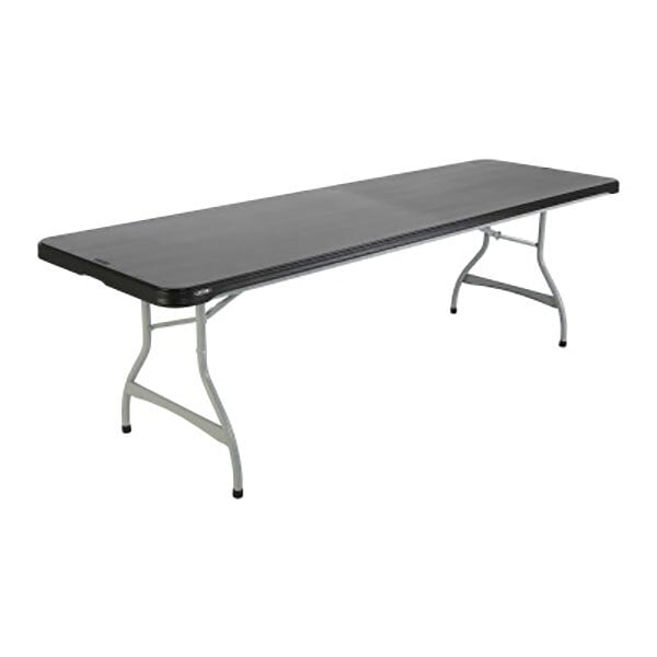 A black rectangular Lifetime plastic folding table on a white background.