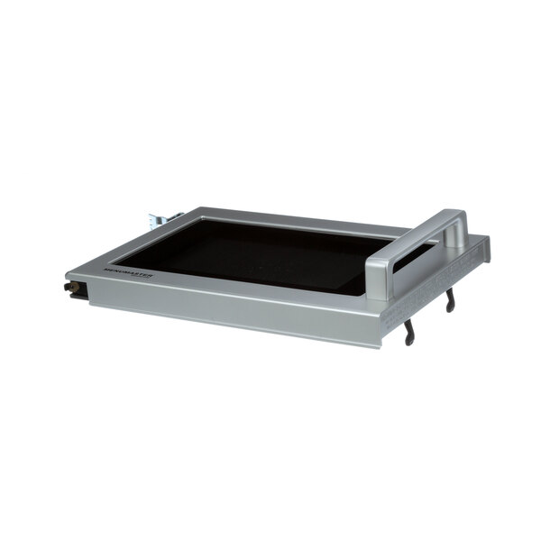 A silver rectangular door assembly with a black handle on top.