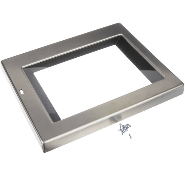 A silver rectangular frame with a clear window.