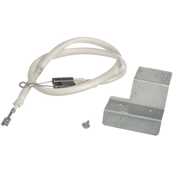 A white cable with a metal ring on the end and a metal diode kit corner.