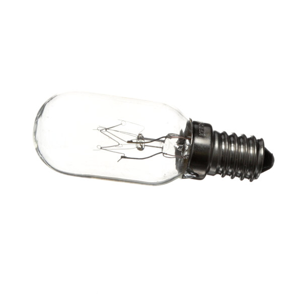 A clear Amana 54116028 light bulb with a black base and a small bulb on top.