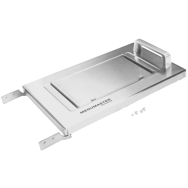 A silver rectangular door assembly with a handle for an Amana commercial microwave.