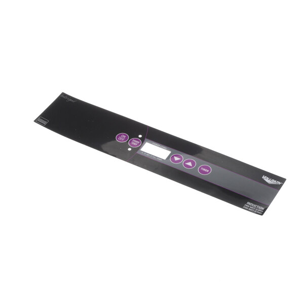 A black rectangular Vollrath Mylar with purple and white buttons.