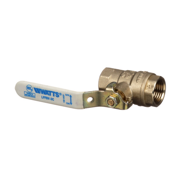 A Vollrath brass gas valve with a blue and white metal handle.