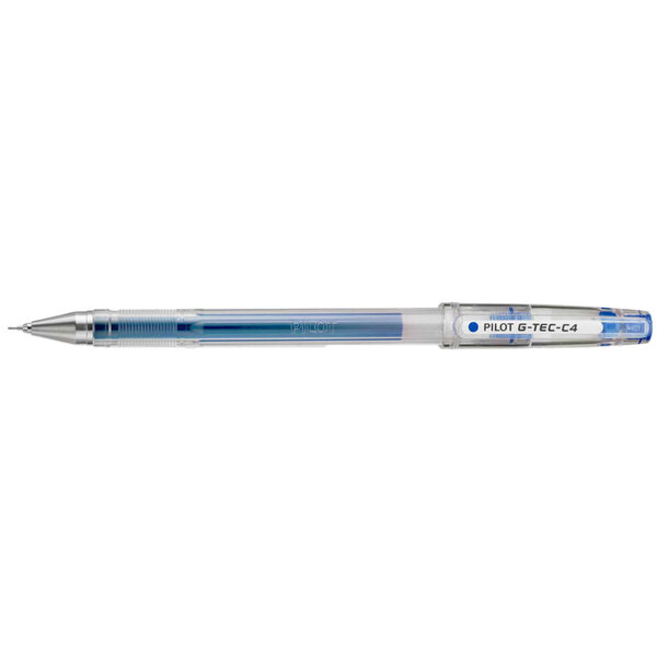 A Pilot G-TEC-C Ultra blue and clear pen with silver trim.