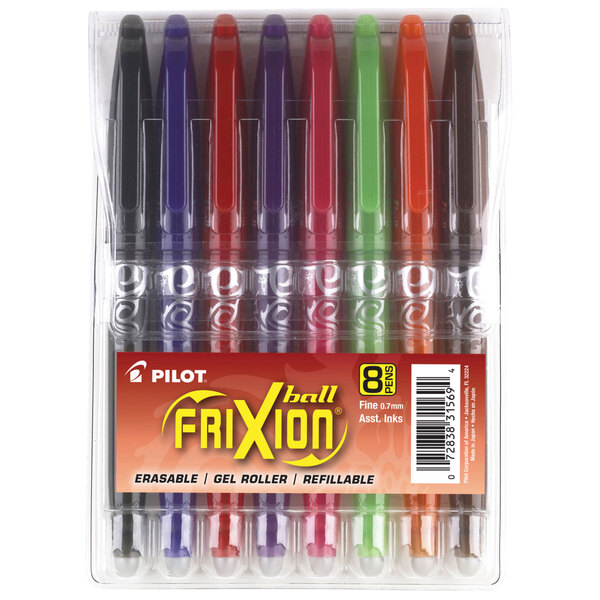 A package of 8 Pilot FriXion Ball gel pens with multicolored barrels.