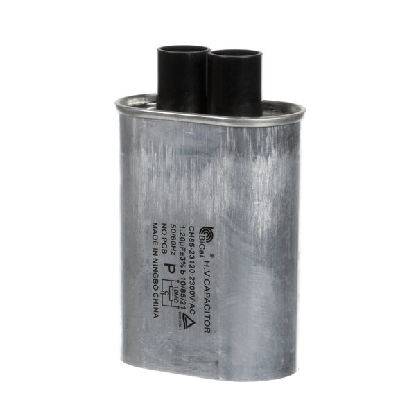 A metal cylinder with black caps, the Amana 53002066 Capacitor.