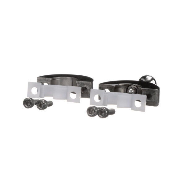 A pair of black metal clamps with screws.