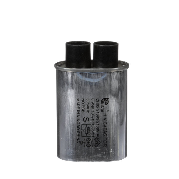 A silver cylinder capacitor with two black caps.
