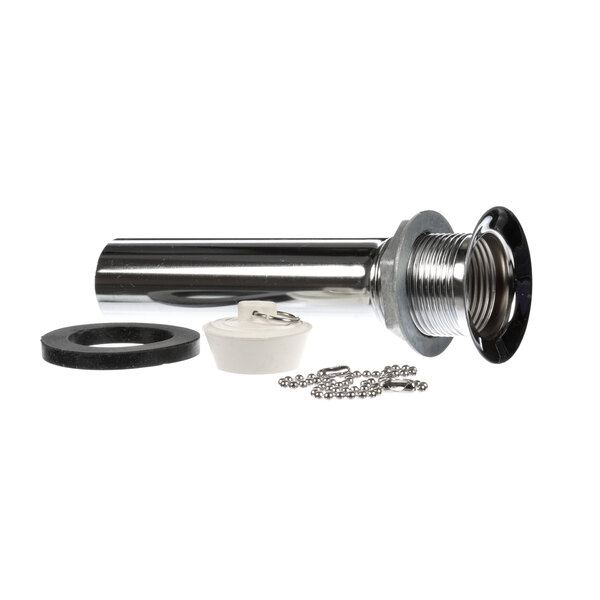 A Vollrath stainless steel drain pipe fitting with a metal ring and a screw.