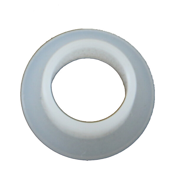 A white nylon washer with a hole in the middle.