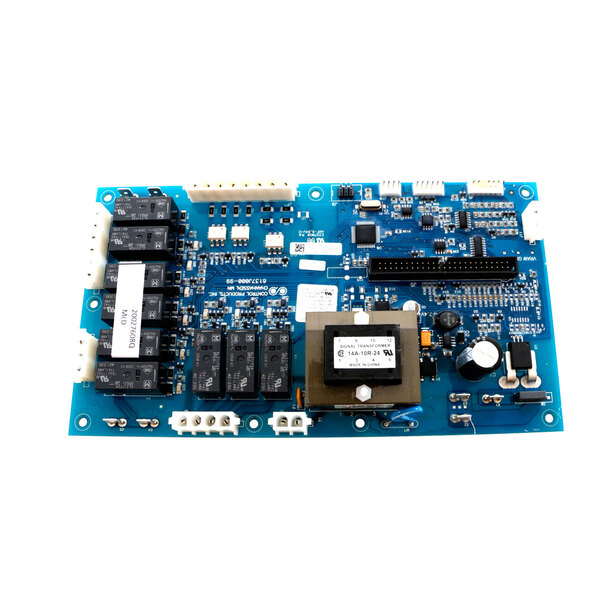 A close-up of a blue Amana 59004072 HV Board with black and white components.