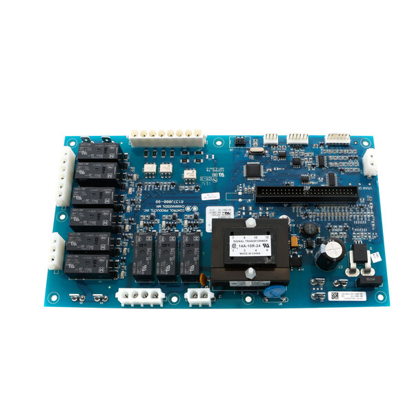 A blue Amana H.V. circuit board with black and white components.
