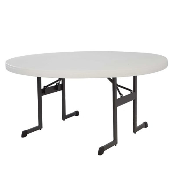 A white round Lifetime plastic folding table with black legs.