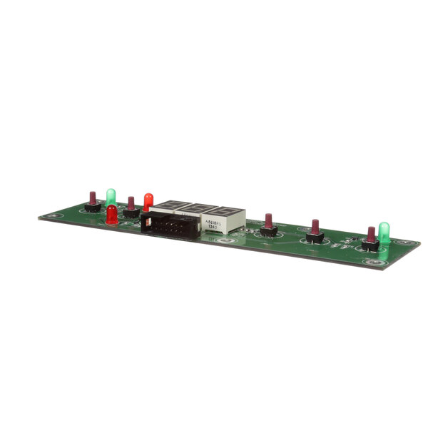A green circuit board with green and red lights.