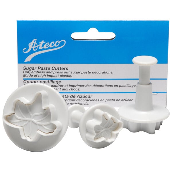 A white plastic Ateco Lily Plunger Cutter set with blue and black text on the box.