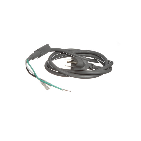 A grey power cord with a black plug and a green wire.