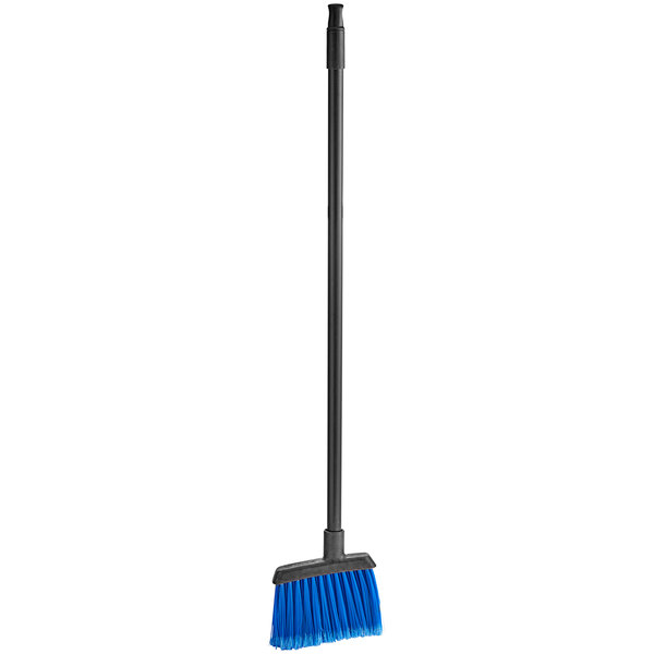 A blue Carlisle lobby broom with a black handle.