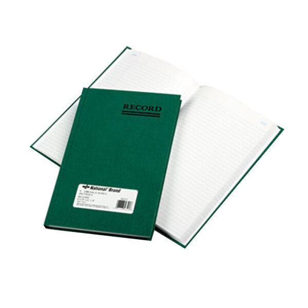 A close-up of the green National Emerald Series record book with a white label.