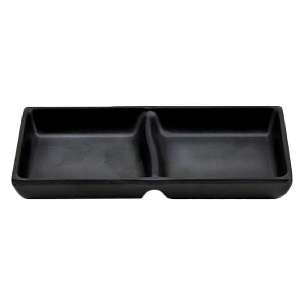 A black rectangular Elite Global Solutions melamine sauce dish with two compartments.